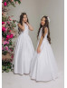 White Lace Satin Keyhole Back Flower Girl Dress